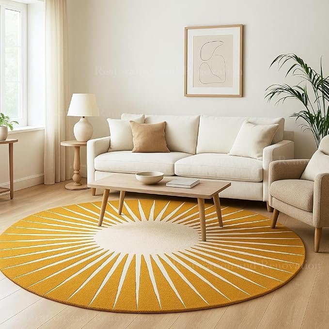 Restoration and Renovation Modern Round Area Rug – Hand-Tufted with 100% NZ Wool, Thick & Soft Circular Carpet for Living Room, Bedroom & Dining Room Decor (Mustard, 3' Round)
