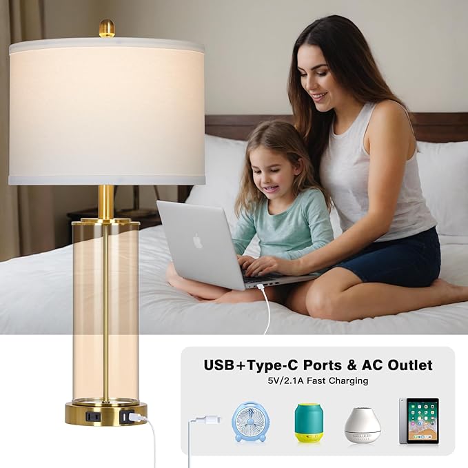 Ruzectt 26" Glass Table Lamp Single, 3-Way Dimmable Touch Control Living Room Lamp with USB C+A Ports & AC Outlet, Modern Bedside Lamps, Bedroom Lamps for Nightstand Side End Table Desk, Brown-1PK