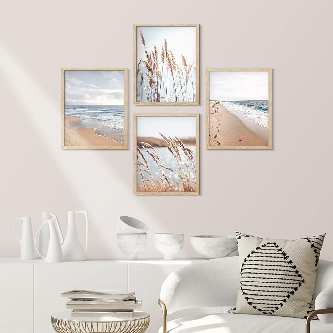SIGNWIN Framed White Beach Grass Cloudy Ocean Sea Wave Horizon Wall Art, Set of 4 Landscape Colorful Wall Decor Prints, Nature Wilderness Wall Décor for Living Room, Bedroom - 8"x10" Natural