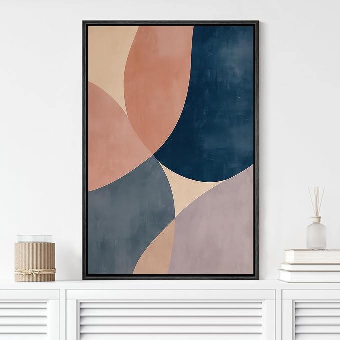 MUDECOR Framed Canvas Print Wall Art Geometric Shapes Abstract Retro Mid-Century Illustrations Fine Art Decorative Zen Multicolor Country/Farmhouse Retro for Bedroom - 16"x24" BLACK