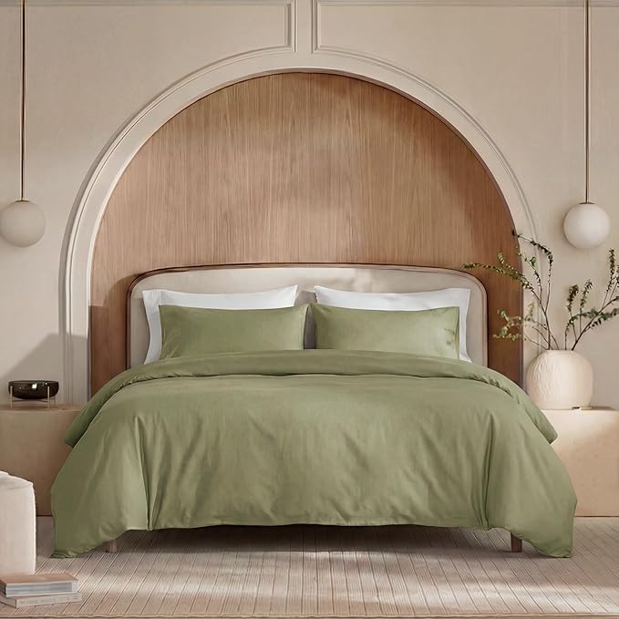 100% Washed Cotton Duvet Cover King Size – Avocado Green, Linen-Like Texture, Super Soft & Breathable Bedding Set, 3-Piece Durable Percale Comforter Cover