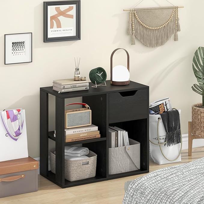 LOKO 3-Cube Bookshelf with Drawer Set of 2, 2-Tier Open Shelf Bookcase, Freestanding Display Shelf, Modern Home Storage Organizer, Shelving Unit for Living Room, Study, Office (2, Black)