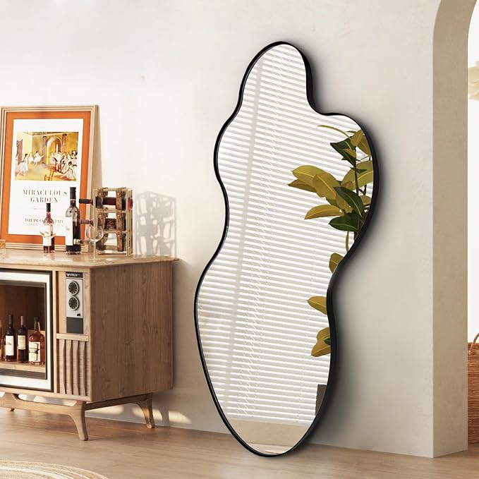 Irregular Wall Mirror, 46.5"x24" Asymmetrical Decorative Accent Mirror with Black Metal Frame, Organic Shape Mirrors for Entryway Hallway Bedroom Living Room, Horizontal or Vertical Hanging