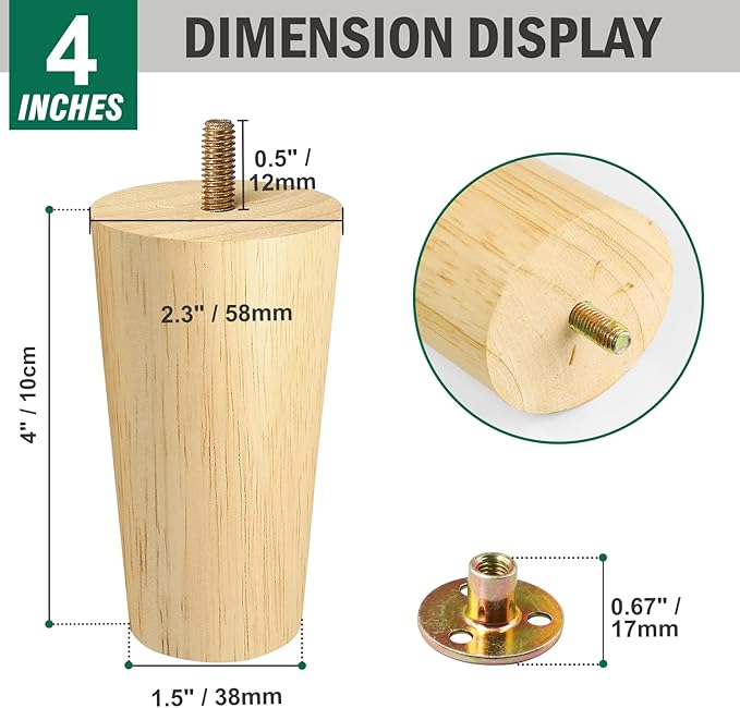FoDau770 Rubber Wood Furniture Legs 4 Inches, Straight Tapered Wood Feet Mid Century Sofa Legs Set of 8, 5/16" UNC Furniture Feet Replacement Parts for Cabinet Couch Dresser Chair Ottoman Table