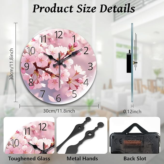 peacoblue Wall Clocks Battery Operated 12 Inch Cherry Blossom Glass Round Wall Clock Non Ticking for Kitchen Living Room Dining Room Bedroom and Bathroom Decor Accessories (Battery not Included)