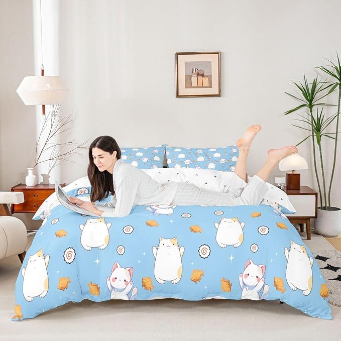 Erosebridal Cute Cat Duvet Cover King Kawaii Cats Kitten Bedding Set Pet Animals Cat Lovers Comforter Cover for Kids Girls Boys Adults Sushi Snacks Blue Bed Set