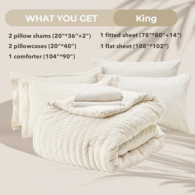 HYMOKEGE Ivory King Size Comforter Set Seersucker 7 Pieces, All Season Luxury Bed in a Bag for Bedroom, Bedding Set with Comforters, Sheets, Pillowcases & Shams