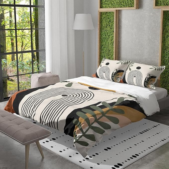 Boho Duvet Cover Queen Black Beige Orange Abstract Comforter Modern Mid Century Bedding Sets Geometric Comforter for All Seasons, 3 Pieces Home Bedroom Decorations Soft 88"x88"