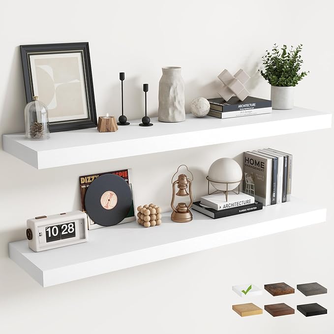 Floating Shelves for Wall with Invisible Brackets, Wall Mounted Engineered Wood Shelves with Wood Grain for Living Room, Bedroom, Bathroom, Kitchen Decor and Storage, Oak, 55"L Set of 2, White