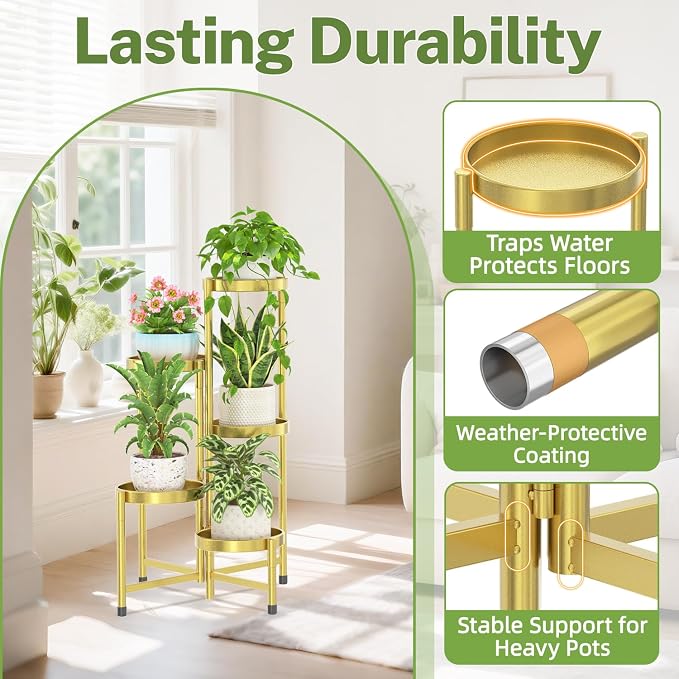 iDavosic.ly Plant Stand Indoor Outdoor, 5 Tier Corner Metal Flower Display Holder Shelf, Folding Tall Orchid Rack for Patio Balcony Porch Garden Living Room House, Gold