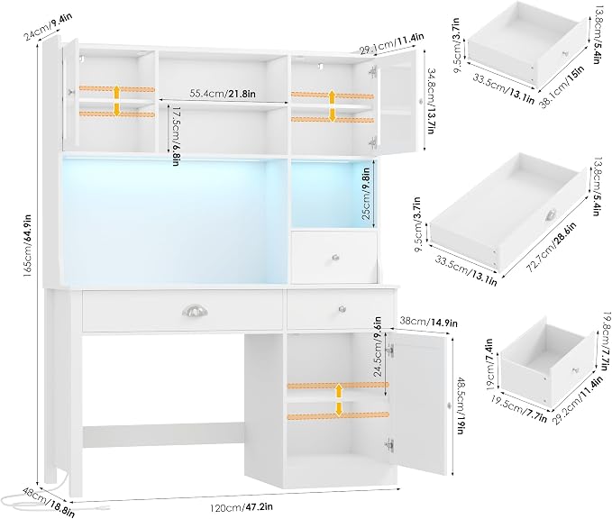FACBOTALL Computer Desk with Hutch and RGB Lights, 65" Office Desk with Power Outlet, Makeup Vanity with 3 Doors & 3 Drawers, Executive Desks for Home, Work and Study, White