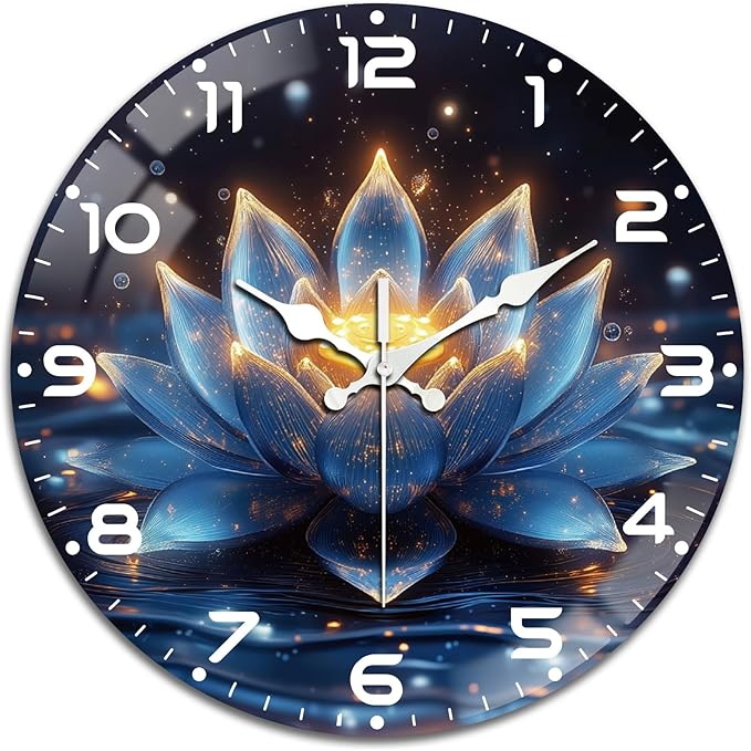 peacoblue Wall Clocks Battery Operated 12 Inch Lotus Glass Round Wall Clock Non Ticking for Kitchen Living Room Dining Room Bedroom and Bathroom Decor Accessories (Battery not Included)