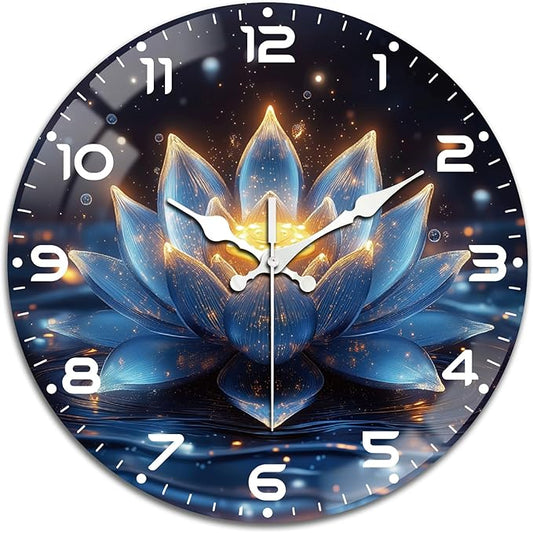 peacoblue Wall Clocks Battery Operated 12 Inch Lotus Glass Round Wall Clock Non Ticking for Kitchen Living Room Dining Room Bedroom and Bathroom Decor Accessories (Battery not Included)