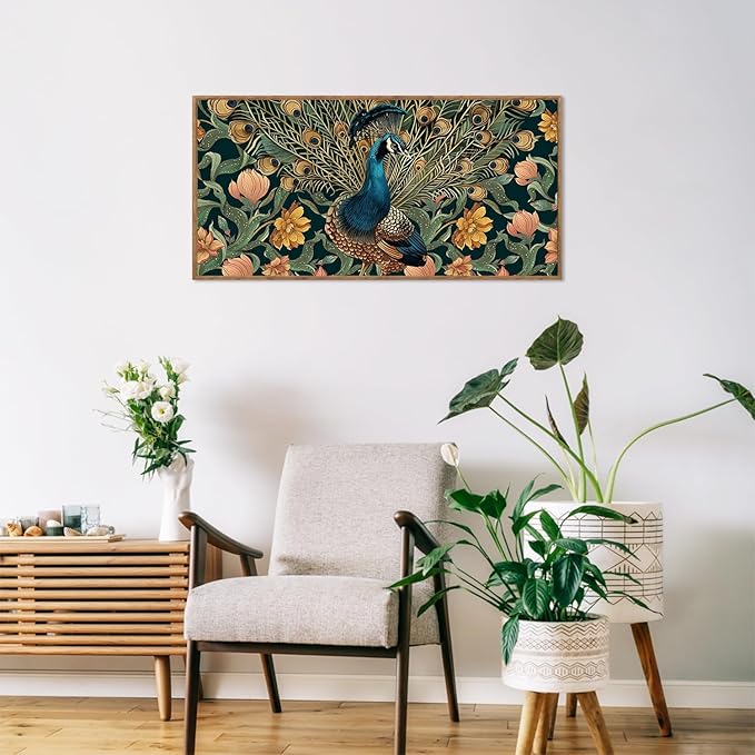 HLNIUC Peacock Wall Art Canvas,Vintage Animal Wall Art Flower,Peacock Artwork Framed,Animal Feather Artwork,Elegent Peacocks Poster Floral,Green Gold Peafowl Painting for Living Room,Home Office 20*40
