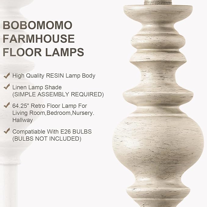 BOBOMOMO 64.25" Farmhouse Floor Lamp for Living Room, Tall Antique White Standing Lamp with Rotary Switch, Vintage Reading Lamp for Bedroom & Nursery, Rustic Home Decor Corner Lamp