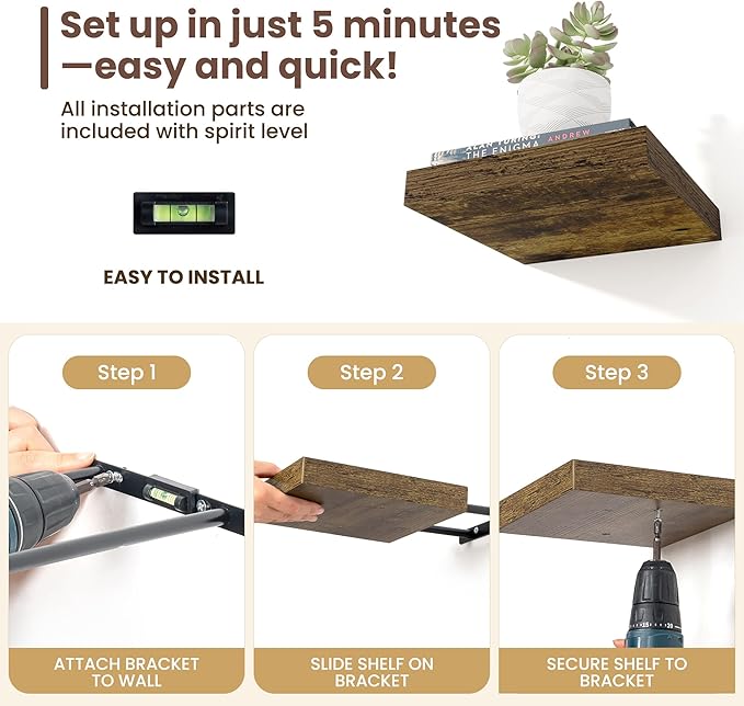 Fun Memories Floating Shelves for Wall - 7.5 Inch Square Shelves with Invisible Brackets, Small Wall Shelf for Living Room, Bathroom, Bedroom, and Kitchen Decor，Brown Set of 3