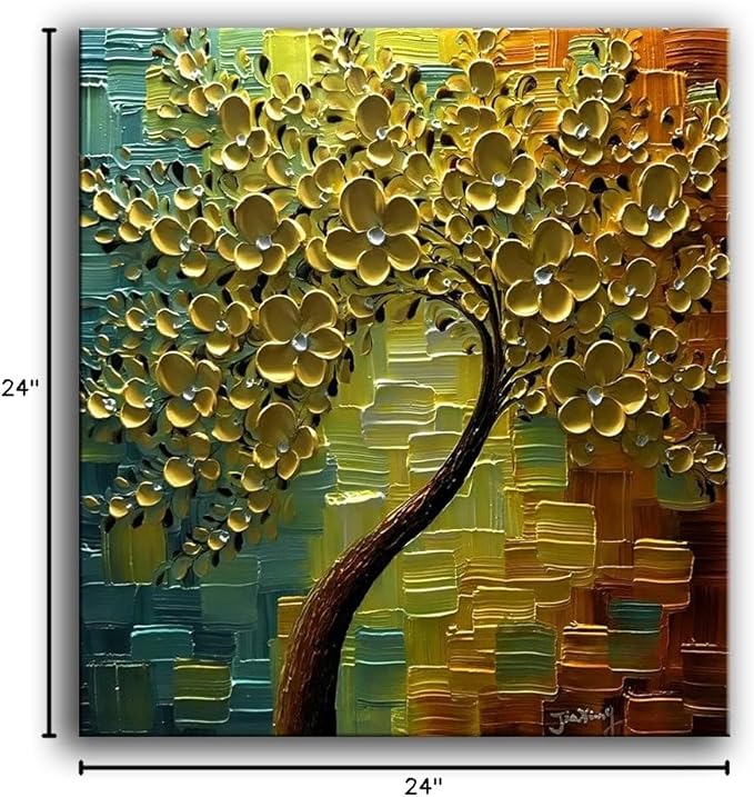 YaSheng Art - 3D Oil Paintings On Canvas Golden Flowers Tree Paintings Abstract Artwork Wall Art For living Room,Dinning Room Home Decor Framed Stretched Ready to Hang 24x24inch