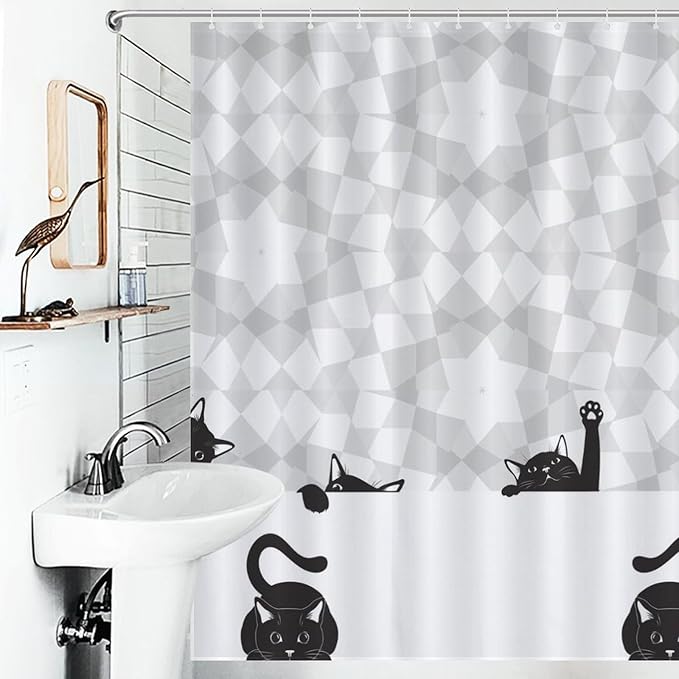 Cats Shower Curtains Gray White Mosaic Black Background Funny Cat Pattern Duty Fabric Shower Curtain Set Bathroom Polyester Waterproof with 12 Hooks, 66x72Inch（168x183cm）