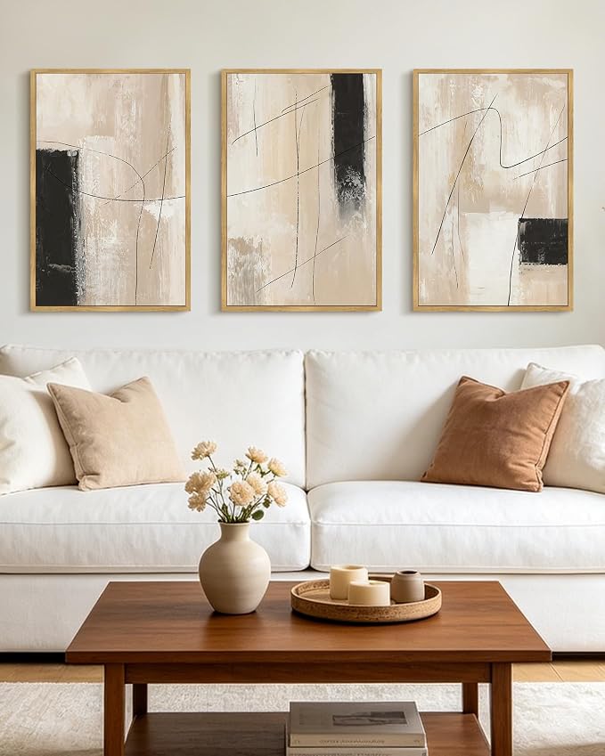 KUVIOKE Abstract Framed Wall Art Minimalist Beige Pastel Watercolor Neutral Wall Decor Modern Black Line Art Painting for Bedroom Dining Room 16x24in (Natural Framed)