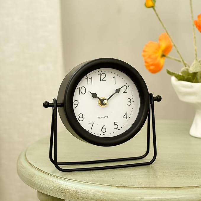 EMAX HOME Small Black Desk and Shelf Clock, 5.9*6.9 Inch Retro Elegant Tabletop Clock with Glass Cover, Silent Non-Ticking Battery Operated Decorative Clock for Living Room, Office, Bedroom, Gift Idea