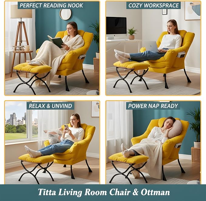 Tiita Lazy Chair with Ottoman, Yellow Modern Large Accent Armchair, Comfy Leisure Sofa Reading Chair with Footrest for Bedroom, Living Room, Dorm Rooms, Garden, Velvet Yellow
