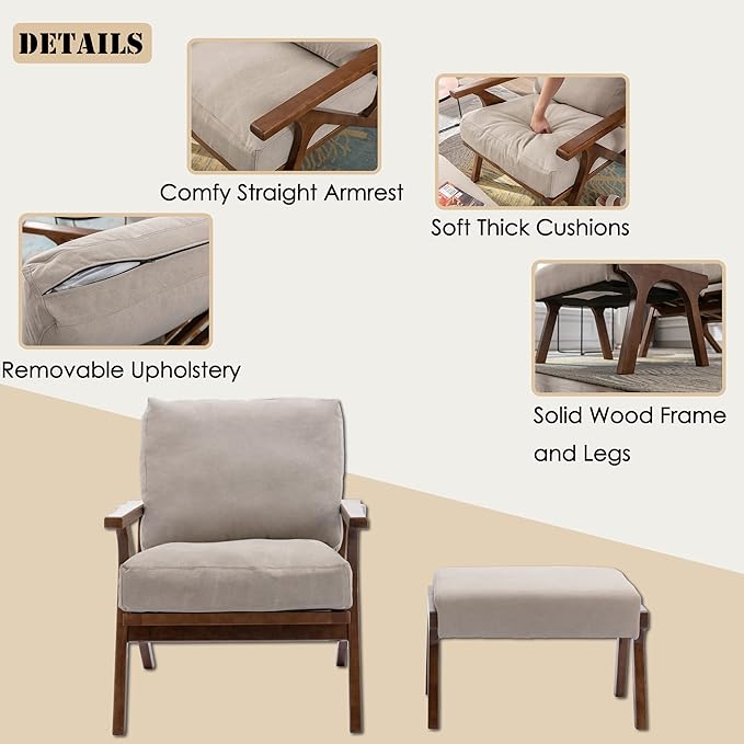chairus Mid-Century Modern Accent Chair with Ottoman, Linen Fabric Armchair with Wood Legs Comfy Upholstered Single Sofa Chair for Living Room/Bedroom/Lounge, Beige
