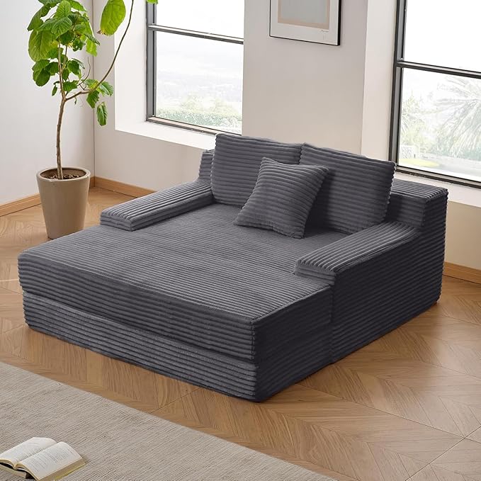 Boneless Chaise Lounge Chair Indoor, 59" W x 65" D Oversized Floor Cloud Sofa Bed, Premium Corduroy Fabric & Full 30D Memory Foam, Boneless Couch for Living Room, No Assembly Required,Grey