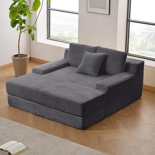 Boneless Chaise Lounge Chair Indoor, 59" W x 65" D Oversized Floor Cloud Sofa Bed, Premium Corduroy Fabric & Full 30D Memory Foam, Boneless Couch for Living Room, No Assembly Required,Grey