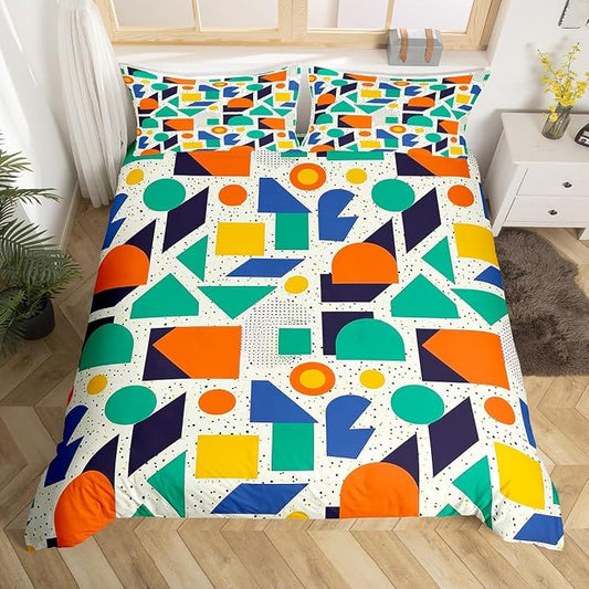 80s 90S Fashion Style Bedding Set Queen Size,Retro Memphis Style Pattern with Geometrical Shapes Duvet Cover for Kids Child,Funky Hipster Old Fashioned Comforter Cover Geometric Bedroom Decor
