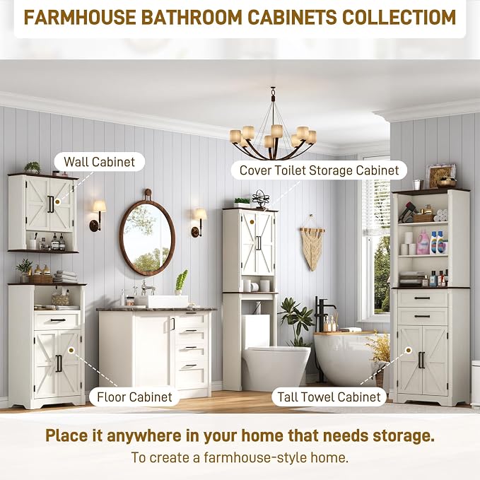 jiteentarou Farmhouse Bathroom Storage Cabinet,Bathroom Floor Storage Cabinet with Roman Column Decor,Small End Table with Barn Doors,Small Bathrooms Organizer(Rustic White)