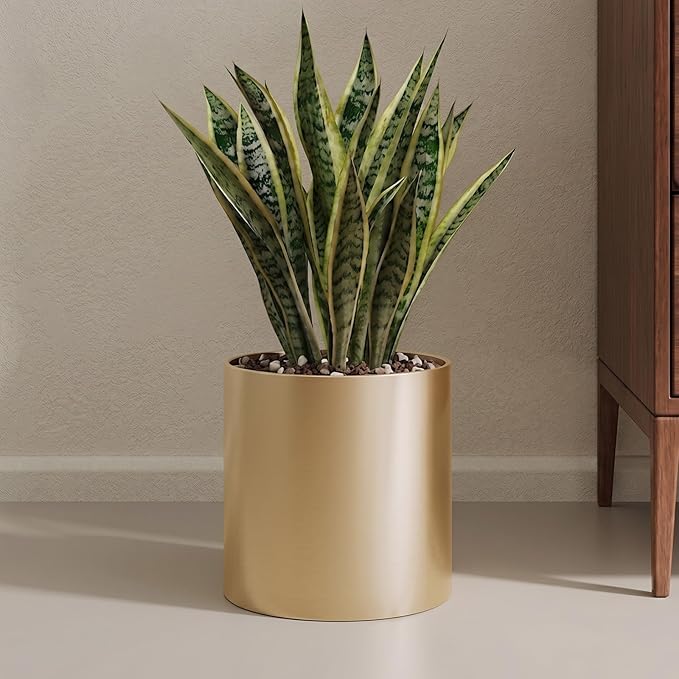 Gold Metal Plant Pot with Drainage Hole,7 Inch Mid Century Modern Small Pot Indoor Outdoor Planters for Succulents, Flowers & Home Decor Gift Window Living Room Bedroom