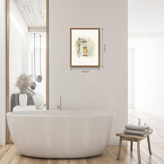 Framed Funny Frog Canvas Wall Art, Cute Frog Showering in Bathroom Canvas Prints, Whimsical Watercolor Cartoon Painting, Modern Minimalist Wall Decor for Bathroom Toilet Washroom 16x24in