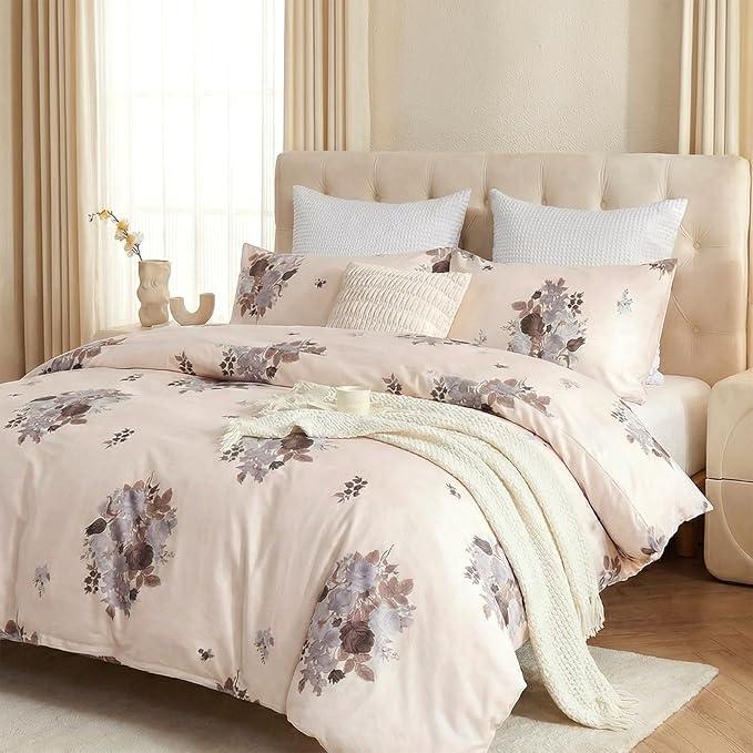 Cream Floral Duvet Cover King Size - 100% Cotton Comforter Cover Elegant Flower Botanical Duvet Cover Sets 3-PC, Breathable Duvet Cover with Zipper Closure & Corner Ties