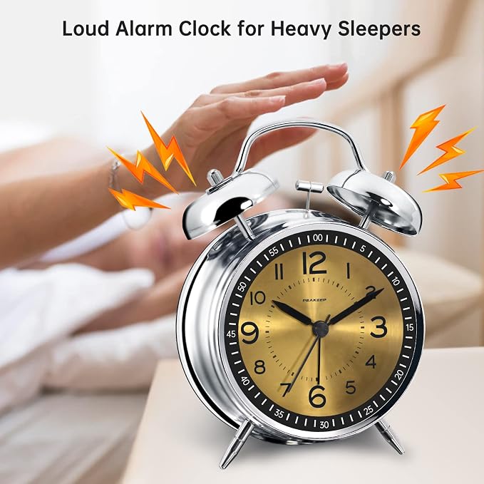 Peakeep Loud Alarm Clock for Heavy Sleepers Adults, Metal 4.5" Twin Bell Battery Operated Alarm Clocks for Bedrooms Decoration (Golden)…