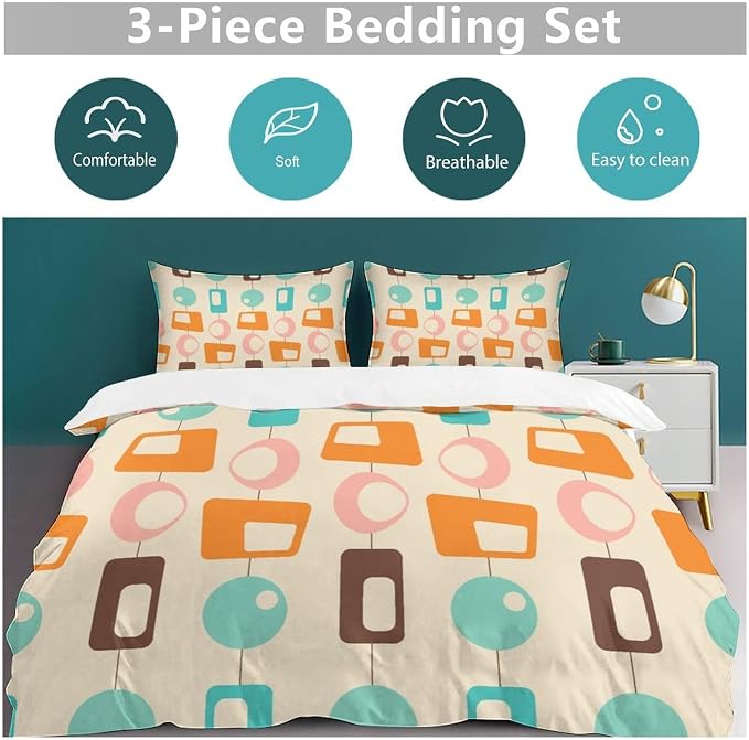 Colorful Aesthetic Comforter Cover Geometry Bed Set, Retro Atomic Duvet Cover，Modern Mid Century Bedding Sets，Aesthetic Abstract Art Bedding 3 Piece (1 Duvet Cover 90"x90" + 2 Pillow Sham 20"x30")
