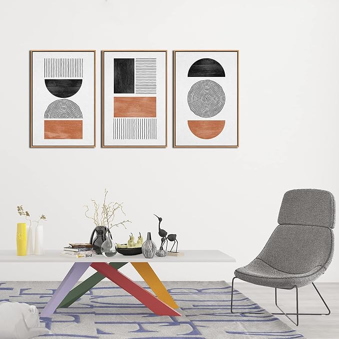 Framed Wall Art Canvas Set Mid Century Boho Pictures Modern Geometric Wall Decor Minimalist Black Brown Bohemian Abstract Painting Artwork for Living Room Bedroom Office 16"x24"x3 Natural