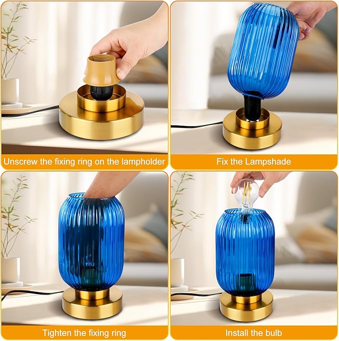 Mid Century Modern Table Lamp with Blue Ribbed Glass Shade, Touch Control & 3 Way Dimmable, Small Gold, Vintage Bedside Lamp for Bedroom, Living Room, Office (Bulb Included)