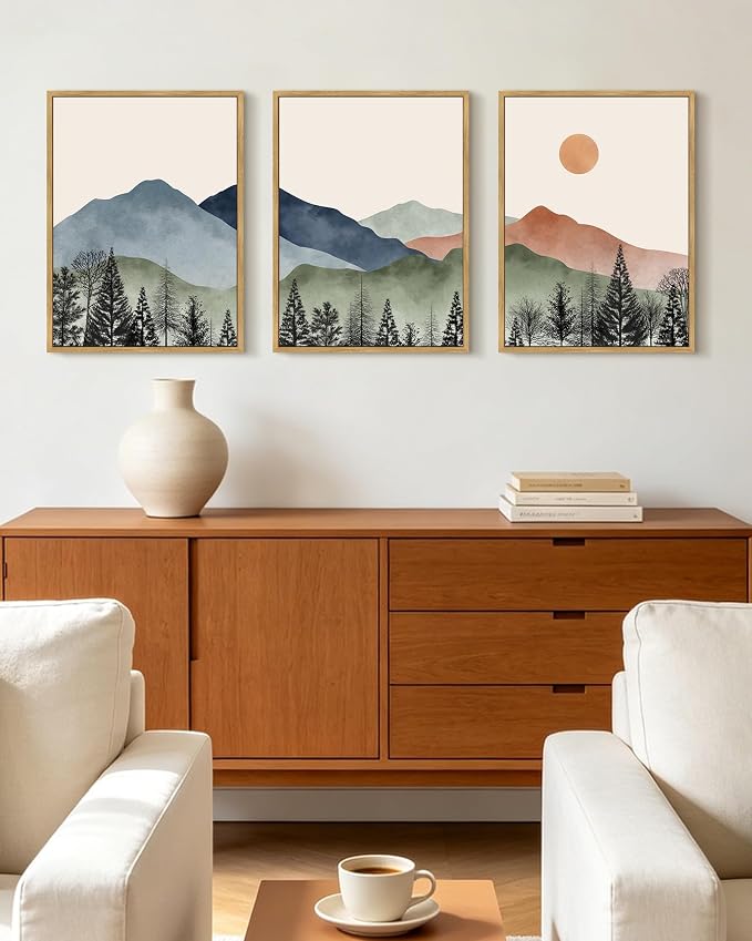 KUVIOKE Mountain Landscape Framed Wall Art Watercolor Nature Painting Boho Sun Rise Prints Farmhouse Rustic Room Decor Ready to Hang 12x16in (Natural Framed)
