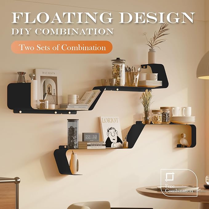 Sttoraboks Floating Shelves, Set of 3 Wall Mounted Metal Shelves with Unique Design for Wall Storage, Book Shelf, Display Shelves for Bathroom Bedroom Kitchen Living Room, Black