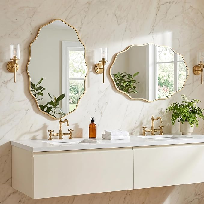 PERFNIQUE Gold Scalloped Mirror, 30''L×18''W Oval Wavy Wood Framed Mirror for Wall Decor, Hanging Leaning for Bathroom, Nursery, Entryway, Vanity, Living Room