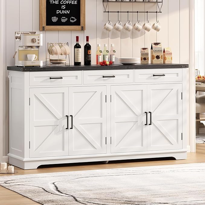 usikey 55”W Buffet Cabinet with 3 Large Drawers & 2 Adjustable Shelves, Modern Farmhouse Sideboard Buffet Cabinet with Storage, Credenza, Coffee Bar, White