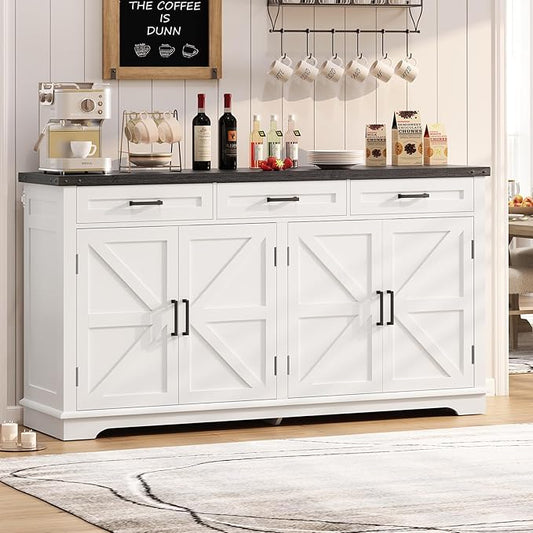 usikey 55”W Buffet Cabinet with 3 Large Drawers & 2 Adjustable Shelves, Modern Farmhouse Sideboard Buffet Cabinet with Storage, Credenza, Coffee Bar, White