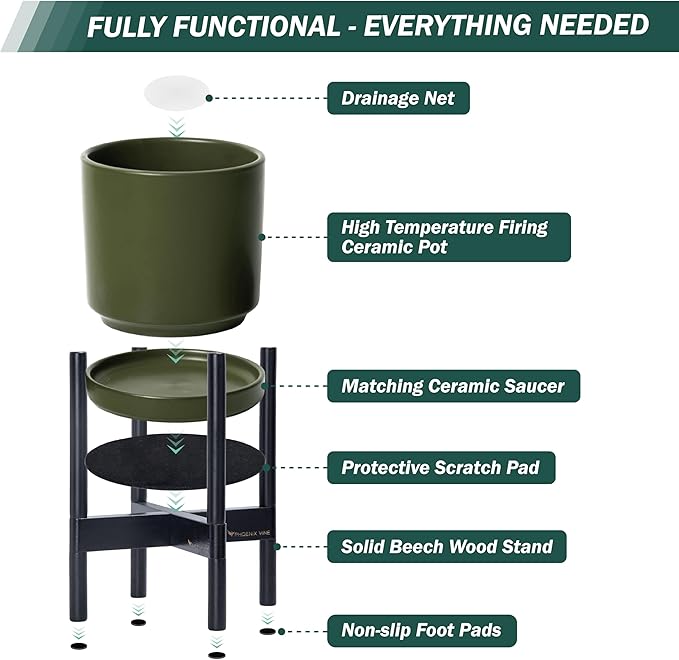 D'vine Dev Ceramic Planter with Ebony Stand - 8 Inch Modern Round Flower Pot with Wood Planter Holder, Olive, 55-B-M-J