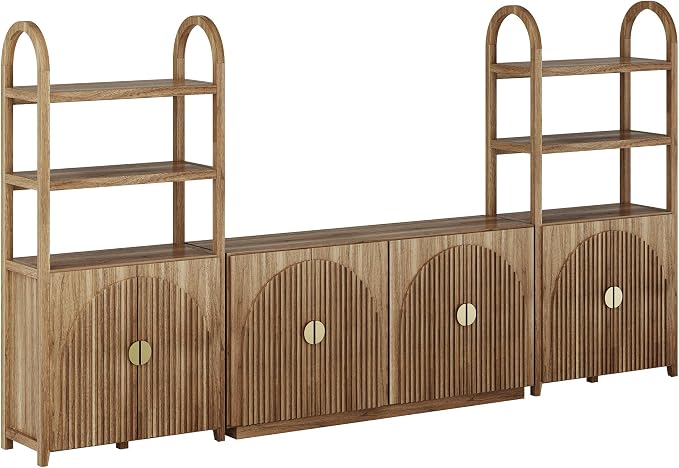 BELLEZE 4-Piece Modular Arched TV Stand Entertainment Center Set, Mid Century Modern 2 Piece 72″ Tall Storage Cabinets and 2 piece 65″ Fluted TV Console for Living Room(Caramel Brown)