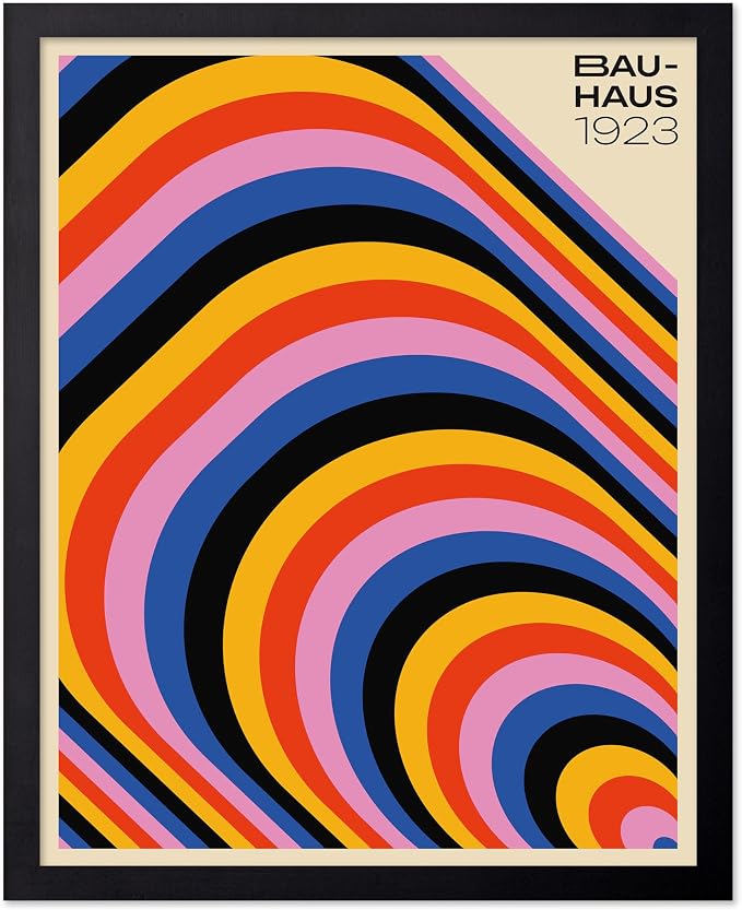 Poster Master Bauhaus Poster - Psychedelic Stripes Print - Abstract Art - Geometric Art - Graphic Design Art - Chic Boho Art - Mid Century Modern Art - Living Room Wall Decor - 8x10 Black Framed