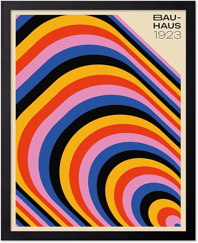 Poster Master Bauhaus Poster - Psychedelic Stripes Print - Abstract Art - Geometric Art - Graphic Design Art - Chic Boho Art - Mid Century Modern Art - Living Room Wall Decor - 11x14 Black Framed