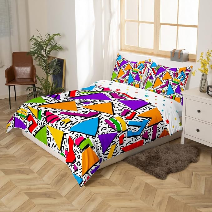 Memphis Style Duvet Cover Full Abstract Colorful Design with Dots Funky Bedding Set for Kids Child Girls Vintage Eighties Comforter Cover Memphis Fashion Bed Sets 80'S Style Retro 1980s Home Decor