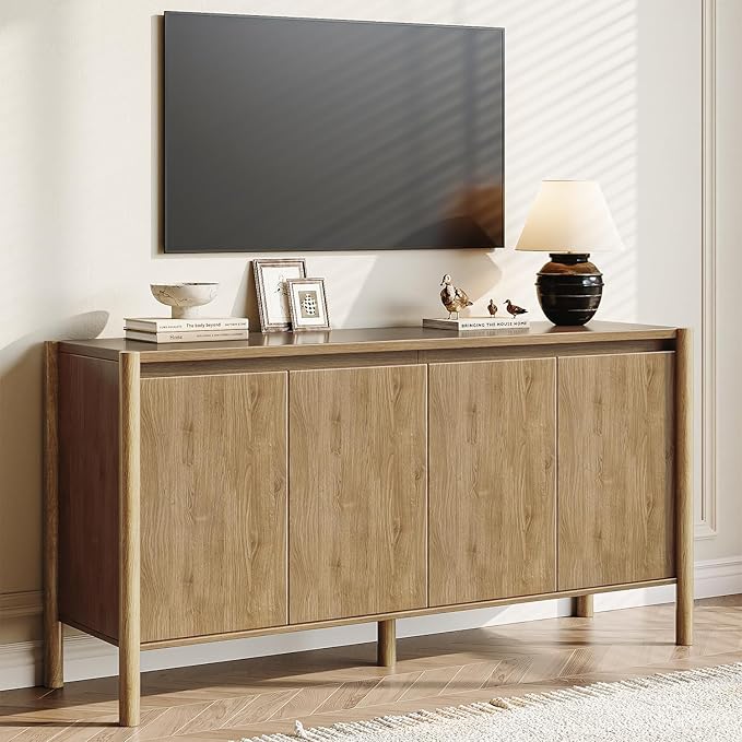 CHUWELL Sideboard Cabinet - 59" Mid Century Buffet Storage Cabinet with 4 Doors, Adjustable Shelves, and 4 Solid Wood Round Legs- Perfect for Living Room (Oak)