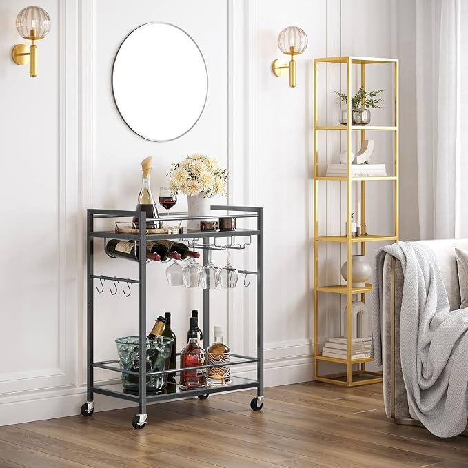 TUTOTAK Bar Cart, Serving Cart - for Home, Microwave Cart, Drink Cart, Mobile Kitchen Shelf with Wine Rack and Glass Holder, Rolling Beverage Cart, Black BC01BK031