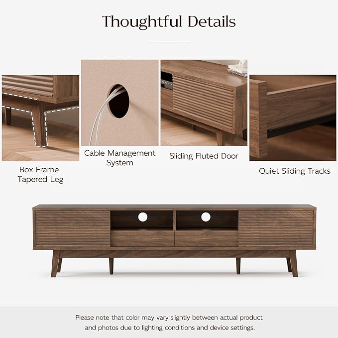 TOLEAD 70" TV Console with Fluted Sliding Doors, Mid Century Modern TV Stand for 55/65/75 Inch TV, Low Profile, Boho Media Console Credenza for Living Room, Walnut